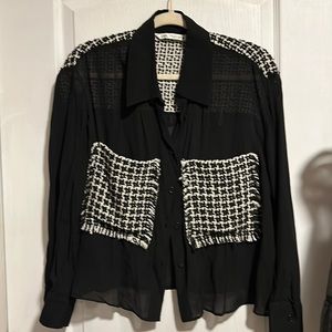 Zara, sheer black blouse with black and white tweed pockets size XL